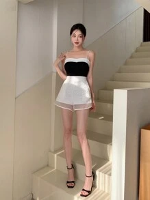 EastFlair New Chinese Style Textured Contrast Mesh Button Decoration Women's Shorts - White - View 5