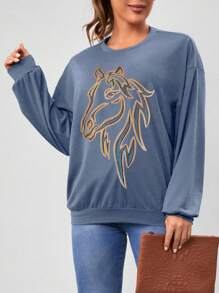 SHEIN LUNE 女馬印花落肩運動衫 - 藍色 - 查看 5