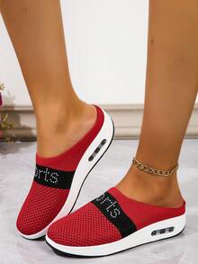 Women's Casual Sports Uppers, Hot Diamond Wedge Heels, Thick-Soled Toe-Toe Half Slippers, Plus Size Red Spring And Autumn Women's Shoes - Red - View 3