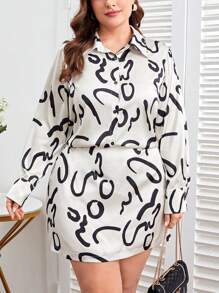 SHEIN Clasi Women's Plus Size All-Over Printed Shirt And Skirt Two-Piece Set - Black and White - View 1