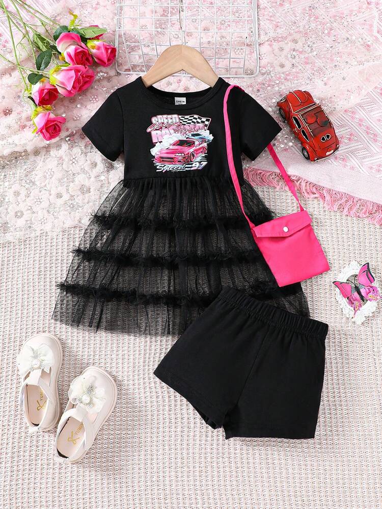 Baby Girl Summer Knit T-Shirt With Mesh Contrast Dress, Shorts, And Matching Bag Set