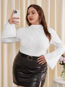 SHEIN Privé Plus Size Long Sleeve Flare T-shirt - White - View 1