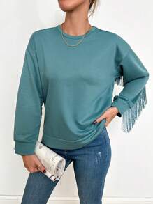 SHEIN Cottnline 女式純色流蘇修身掉肩運動衫 - 青碧色 - 查看 5