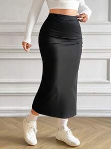 SHEIN EZwear Plus Size High-Waisted Slit Side Skirt - Black - View 3