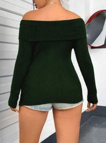Flirla Plus Size Off-Shoulder Sweater With Side Split Design Knit Pullover Fall Winter - Green - View 2
