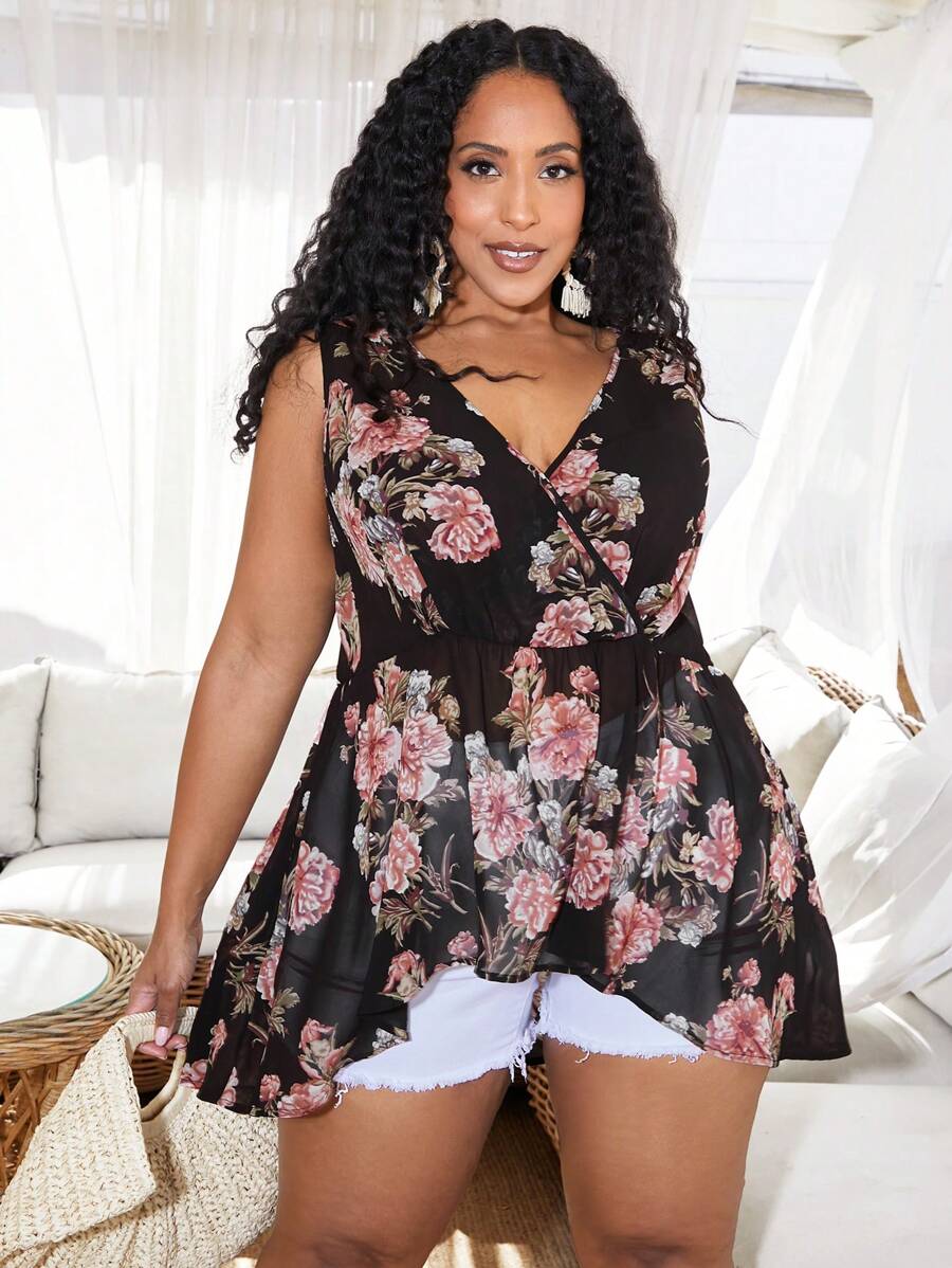SHEIN CURVE+ Women'S Plus Size Floral Printed Shirt - Multicolor - View 1