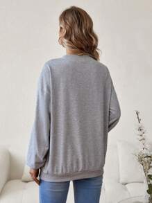 SHEIN Maternity Letter Embroidered Round Neck Drop Shoulder Sweatshirt, For Winter - Grey - View 2
