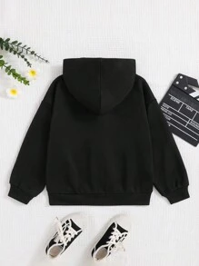 SHEIN Tween女孩星星印花針織連帽寬鬆風格運動衫 - 黑色 - 查看 2