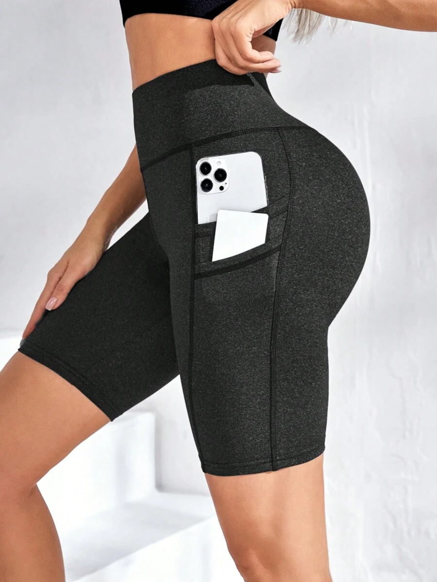 SHEIN Sports 女士运动短裤带口袋骑行短裤氨纶短裤 - 黑色 - 查看 1