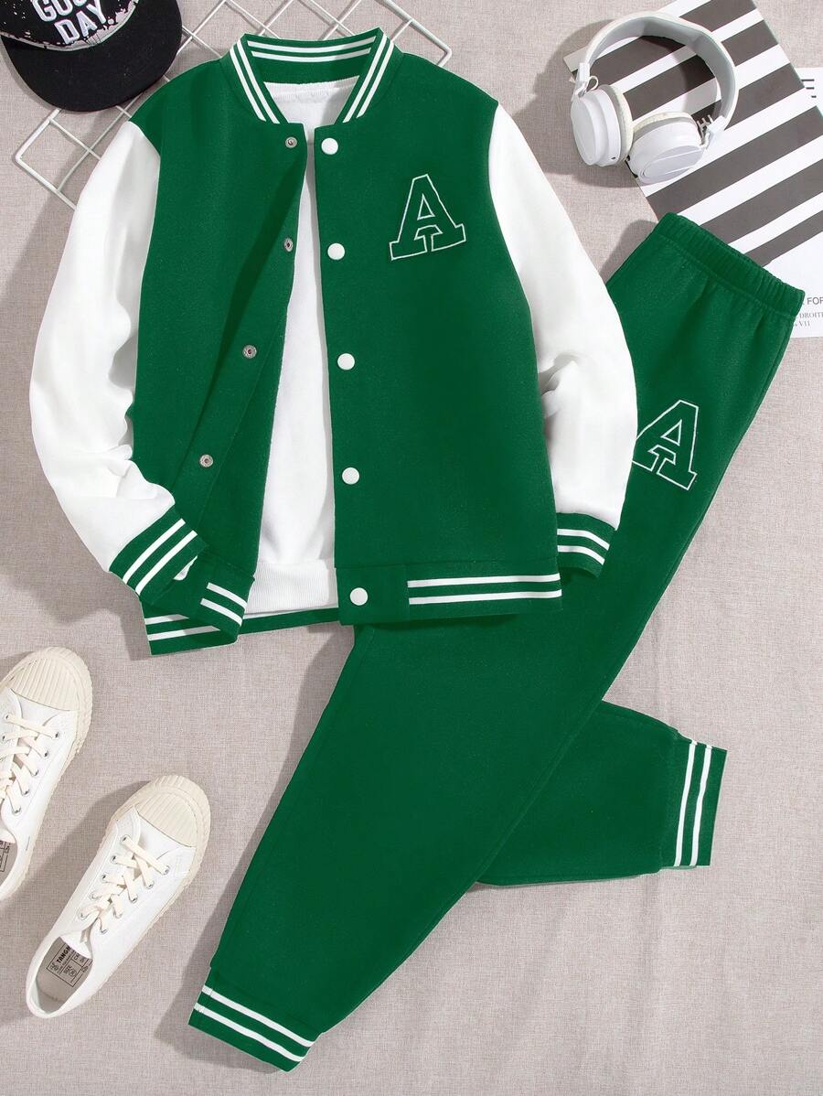 SHEIN Tween Boys' Cool Contrast Color Letter Pattern Jacket And Jogger Pants Outfit - Green - View 1