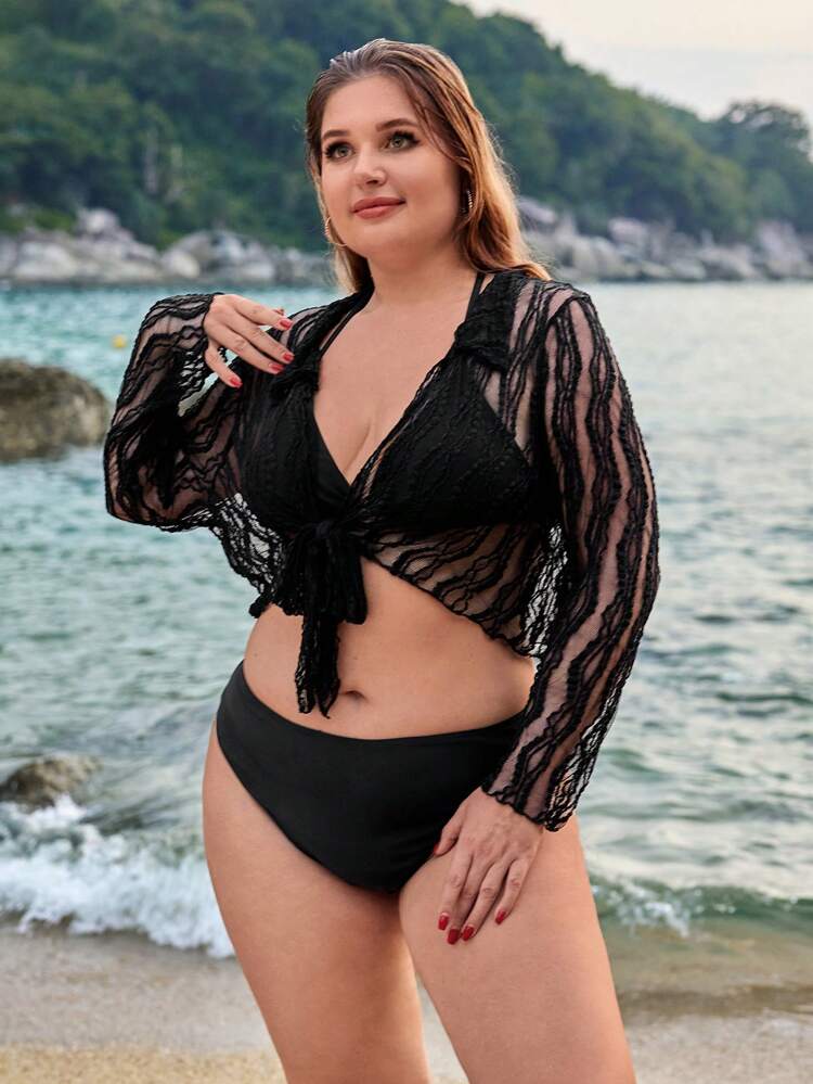 Women'S Plus Size Short Kimono Dress With Mesh And Knot Detail Summer