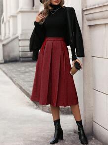 SHEIN Clasi 女式人字紋百褶裙 - 酒紅色 - 查看 3