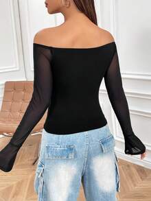 SHEIN EZwear 網眼長袖露肩黑色針織T恤 - 黑色 - 查看 2