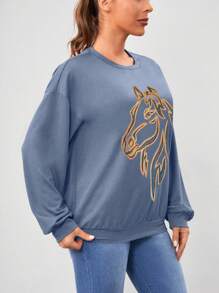 SHEIN LUNE 女馬印花落肩運動衫 - 藍色 - 查看 7