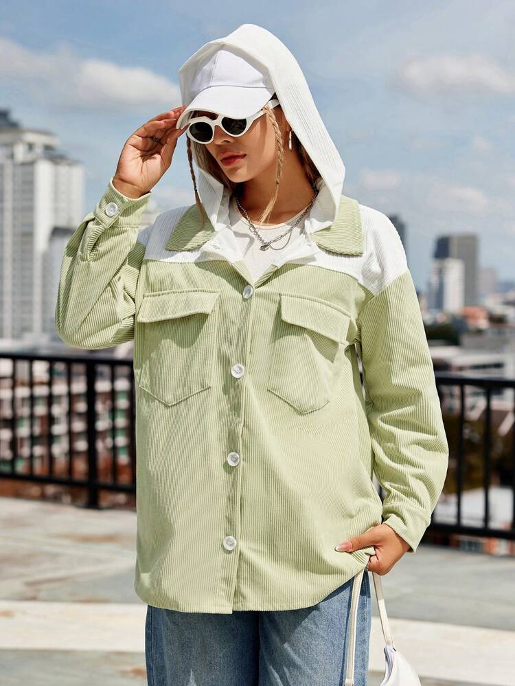 Color Block Hooded Corduroy Jacket Fall Cloth For Women