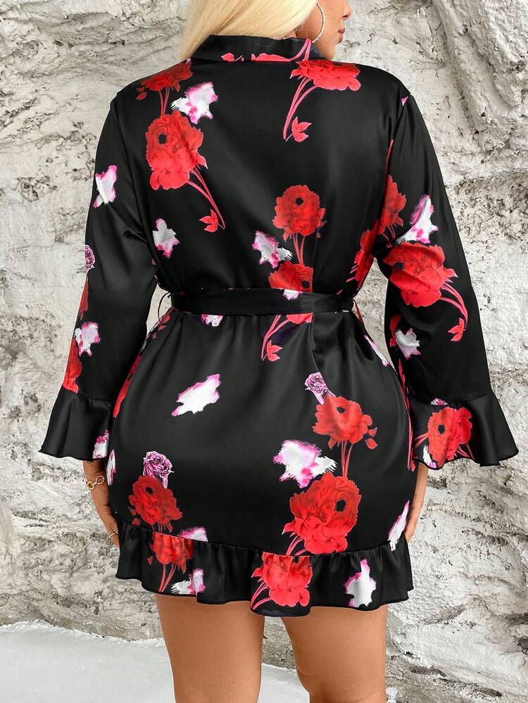 Plus Size Floral Print Bell Sleeve Ruffled Belted Jacket