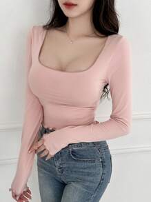 DAZY Women's Solid Color Slim Fit T-Shirt With Large Round Neckline - Dusty Pink - View 2