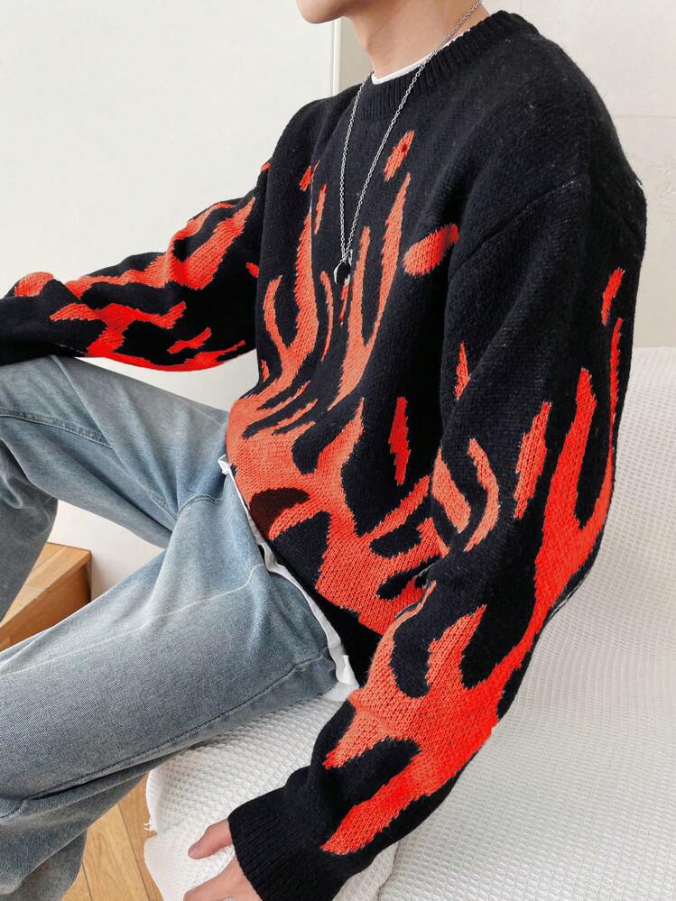 Men's Flame Pattern Round Neck Sweater | SHEIN USA