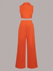 SHEIN Tween Girls' Sleeveless Shirt With Turn-Down Collar And Pants Two-Piece Set - Orange - View 2