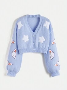 ROMWE Kawaii Sweet Casual Cropped Cute Embroidered Cardigan, School,Long Sleeve Tops - Baby Blue - View 5