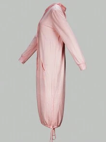 Women's Casual Drawstring Hooded Straight Dress - Dusty Pink - View 3
