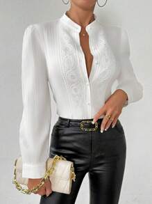 RosyDaze 女式蕾丝拼接褶皱衬衫 - 白色 - 查看 6