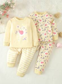 SHEIN 有趣可愛的女嬰天鵝印花兩件套 - 黃色 - 查看 3