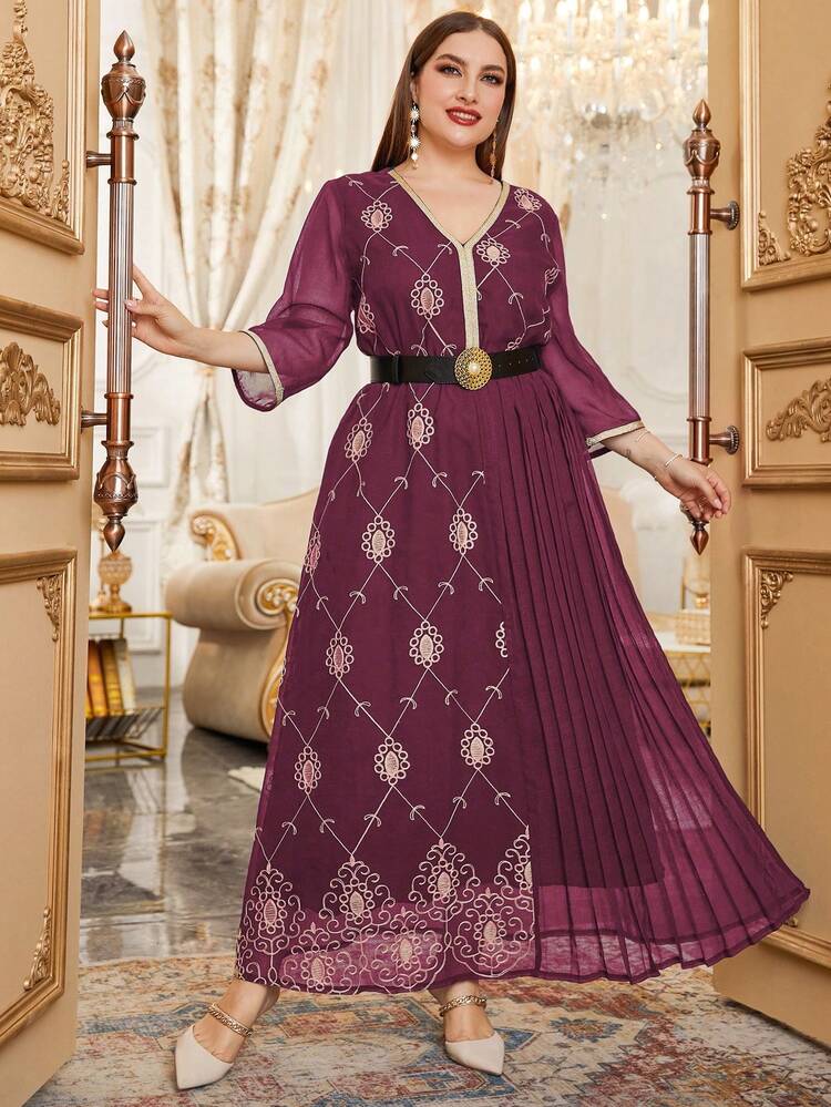 Plus Size Women's Embroidery & Pleated Patchwork Arabic Style Dress Kaftan Jalabiya Dress