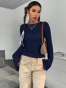 SHEIN Unity 百搭性感喇叭袖针织套头衫，适合秋冬季穿着 - 藏蓝色 - 查看 3