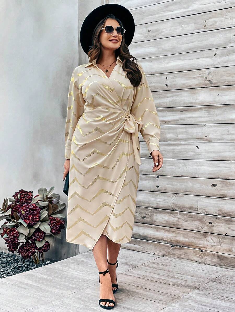 EMERY ROSE Plus Size Women'S Wrap Dress With Gold Foil Printed Floral Pattern - Apricot - View 1