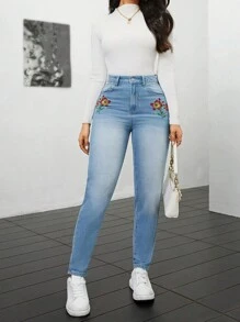 SHEIN Privé Women's Floral Embroidery Skinny Jeans - Light Wash - View 3