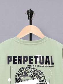 SHEIN 青少年男孩寬鬆剪裁雕塑與字母印花t恤,肩線下垂的街頭風格 - 綠色 - 查看 3