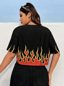 Coolane Plus Size Casual Contrast Color Flame Print Cropped Summer T-Shirt - Multicolor - View 2