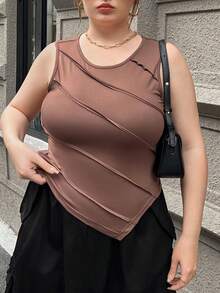 SHEIN Essnce 大尺碼不對稱下擺背心,帶有縫合細節 - 棕色 - 查看 4