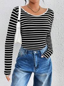 SHEIN Essnce 條紋露背長袖連體衣 - 黑與白 - 查看 6