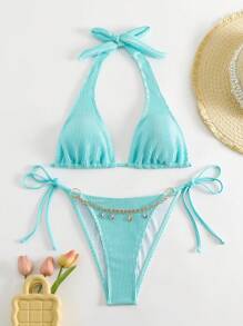 SHEIN Swim Summer Knotted Back Halter Chain Embellished Bikini Set