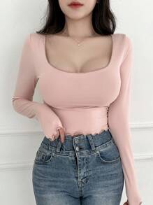 DAZY Women's Solid Color Slim Fit T-Shirt With Large Round Neckline - Dusty Pink - View 5