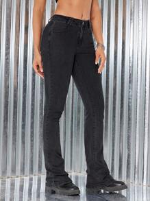 SHEIN EZwear Women's Solid Color Slim Jeans - Black - View 4