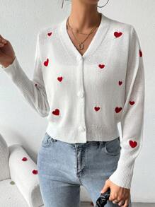 SHEIN LUNE 女士心形刺绣纽扣针织开衫套头毛衣，秋冬款 - 白色 - 查看 5