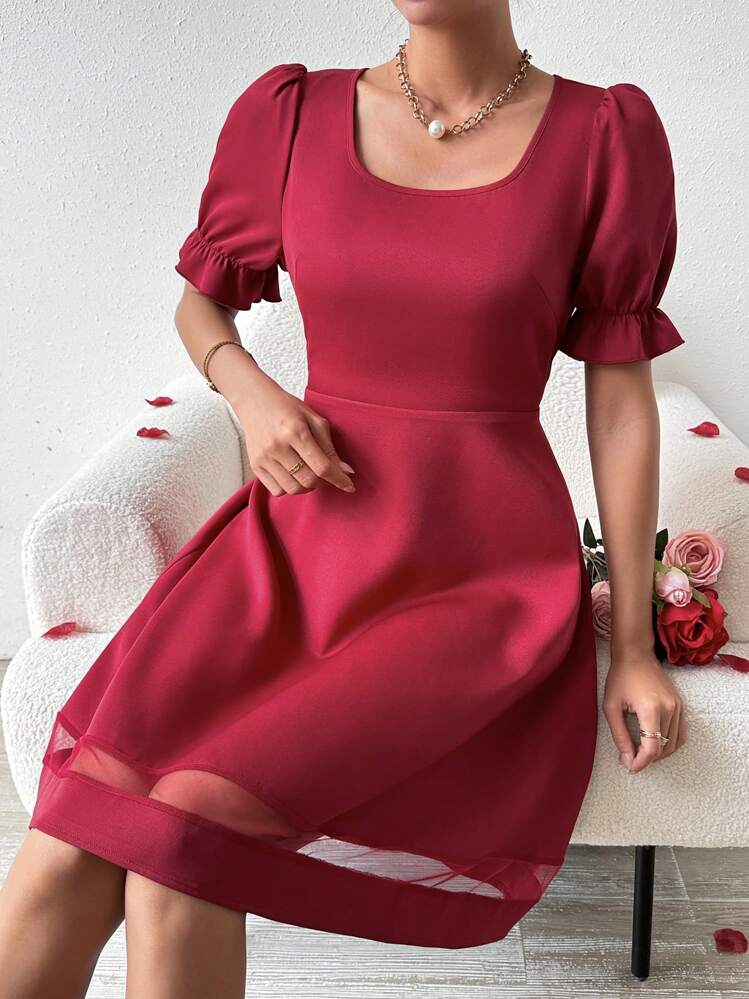 SHEIN Clasi Vestido de mujer de cuello cuadrado en unicolor con detalles de malla en contraste - Burdeos - Ver 6
