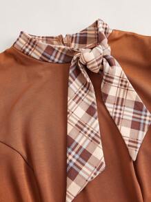 Vintamour Vintage Elegant Women's Plaid Splice Collar Tie Long Sleeve A-Line Dress - Brown - View 9