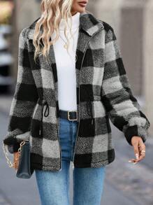 SHEIN LUNE Của phụ nữ Kẻ sọc Lông cừu Dây kéo Áo khoác - Nhiều màu - Xem 4