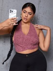 SHEIN SXY 女款大尺碼交叉裹身 V 領掛脖背心 - 紅色 - 查看 1