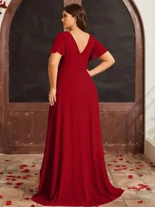 Rochie de domnișoară de onoare cu decolteu în V, mărime mare, din șifon fluid, invitată la nuntă - Burgundia - Vizualizare 2