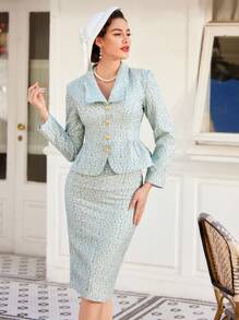 SHEIN DECDS 女士花織單排釦西裝外套和a字裙套裝 - 綠色 - 查看 6