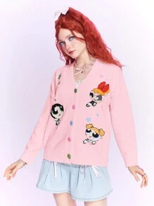 The Powerpuff Girls | ROMWE Cárdigan Con Botonera En Terciopelo Y Estampado De Caricaturas Para Mujer Con Hombro Caído - Rosa - Ver 3