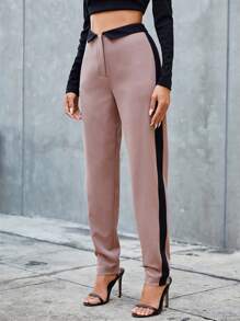 RueChic Contrast Cuffed Waist Tapered Trousers - Black and White - View 5