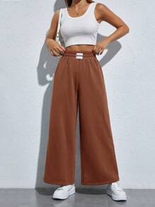 SHEIN PETITE Women's Wide Leg Sweatpants With Patch - Brown - View 5