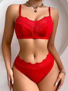 Women's Solid Color Splicing Lace Lingerie Set, Bra & Panty Set Bridallingerie - Red - View 3