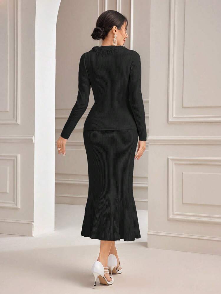 Women's Solid Color Fringe Edge Wrap Cross Sweater And Fish Tail Skirt Two Piece Set Fall Cloth For Women